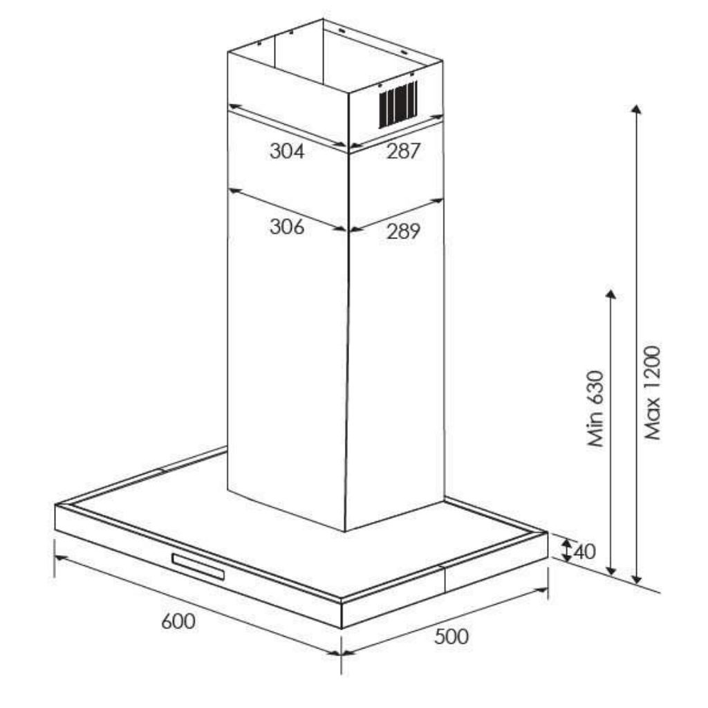Kleenmaid RHSC61 60cm Wall Mounted Canopy Rangehood dimensions