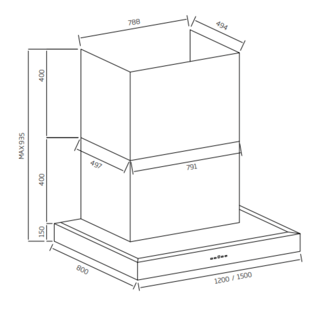 Schweigen CL7375B 150cm BBQ Canopy Rangehood (Non Silent) Dimensions