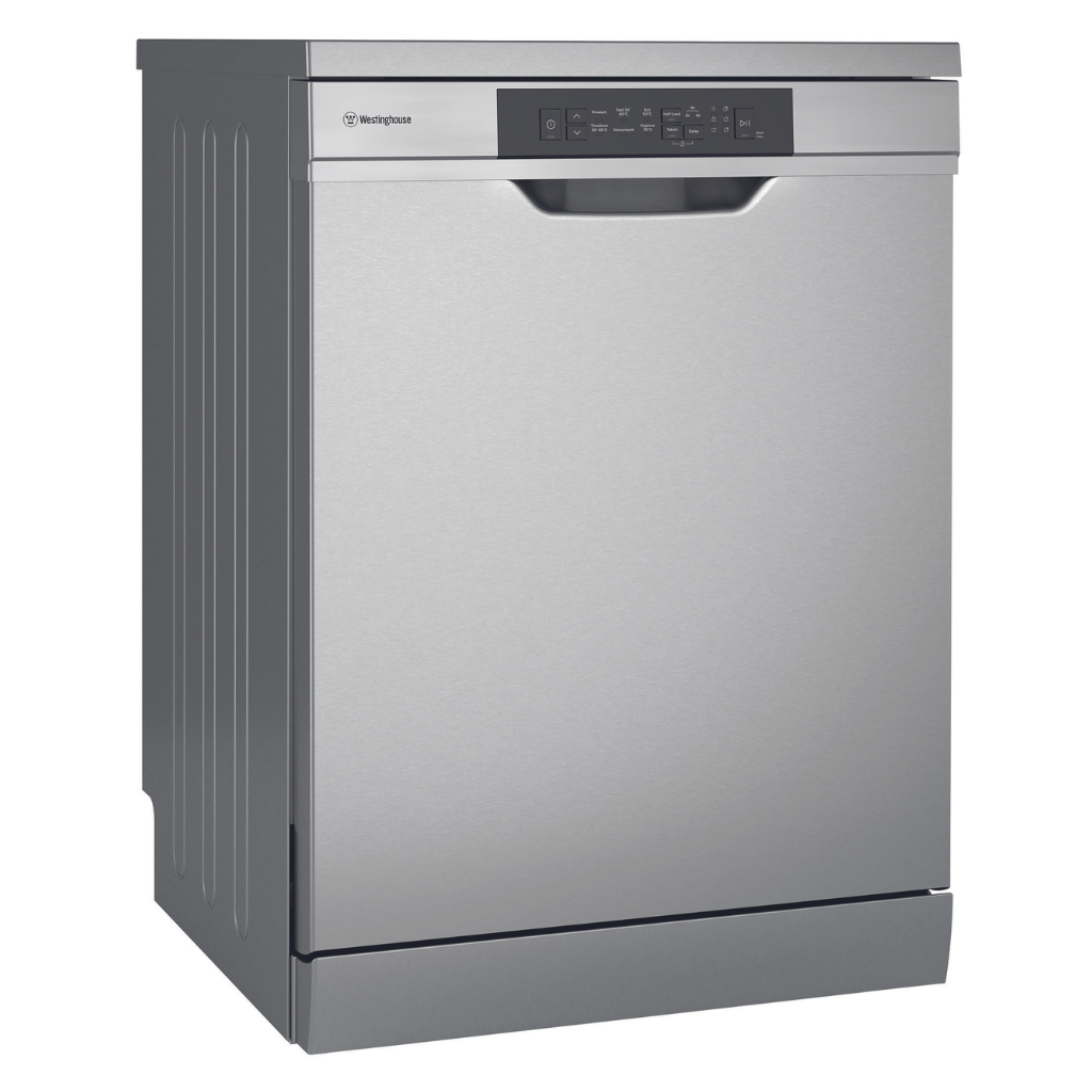 Westinghouse WSF6604XB 60cm Stainless Steel Freestanding Dishwasher Angle View - The Appliance Guys