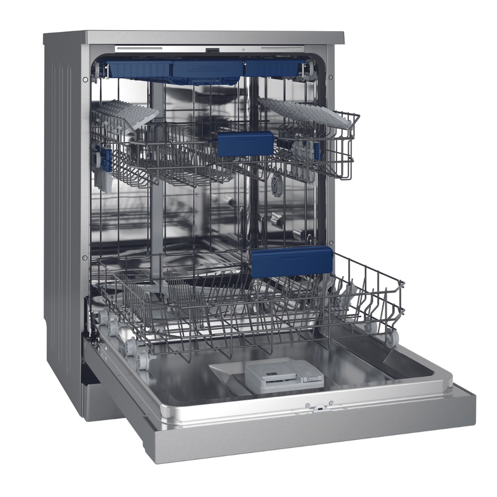 Westinghouse WSF6606XB 60cm Stainless Steel Freestanding Dishwasher Angle View Open - The Appliance Guys