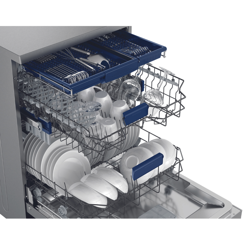 Westinghouse WSF6606XB 60cm Stainless Steel Freestanding Dishwasher Open Close Up Full - The Appliance Guys