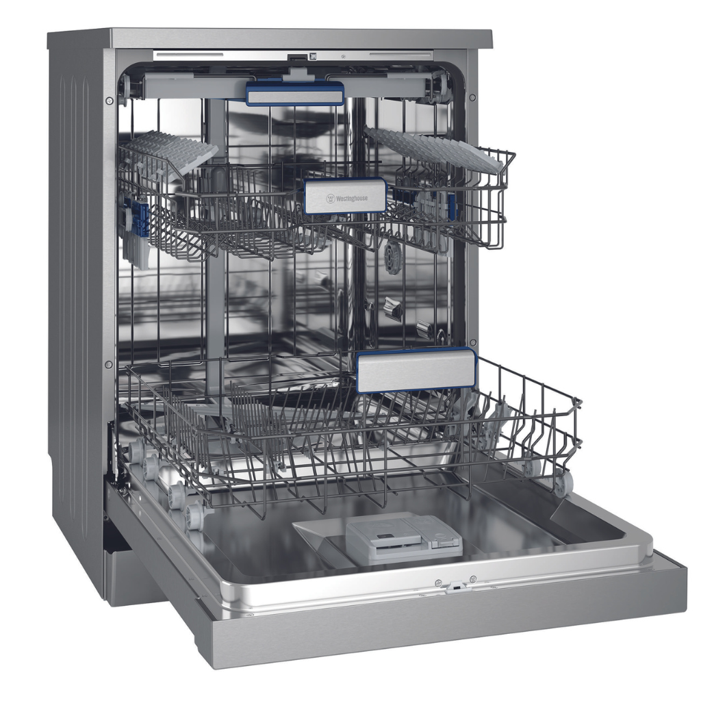 Westinghouse WSF6608XB 60cm Stainless Steel Freestanding Dishwasher Angle Open Empty - The Appliance Guys