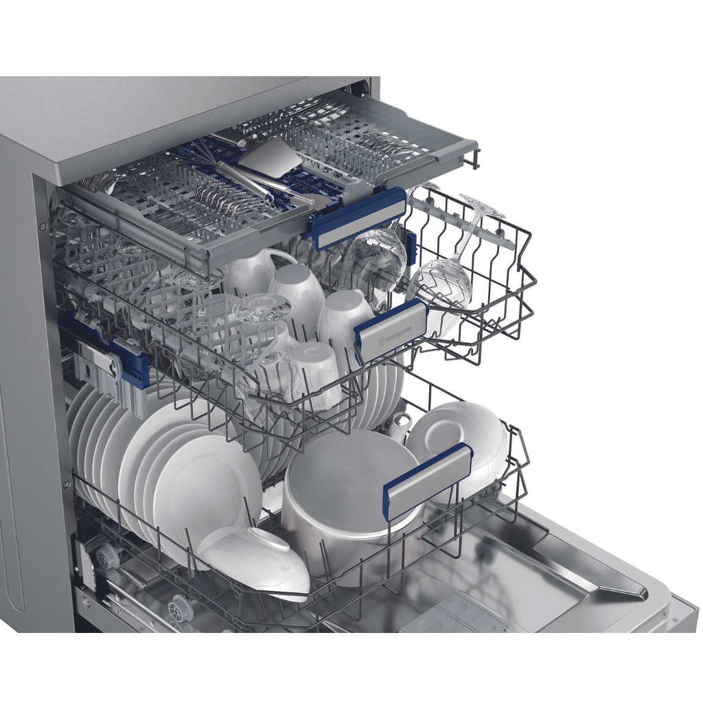 Westinghouse WSF6608XB 60cm Stainless Steel Freestanding Dishwasher Open CloseUp Full - The Appliance Guys