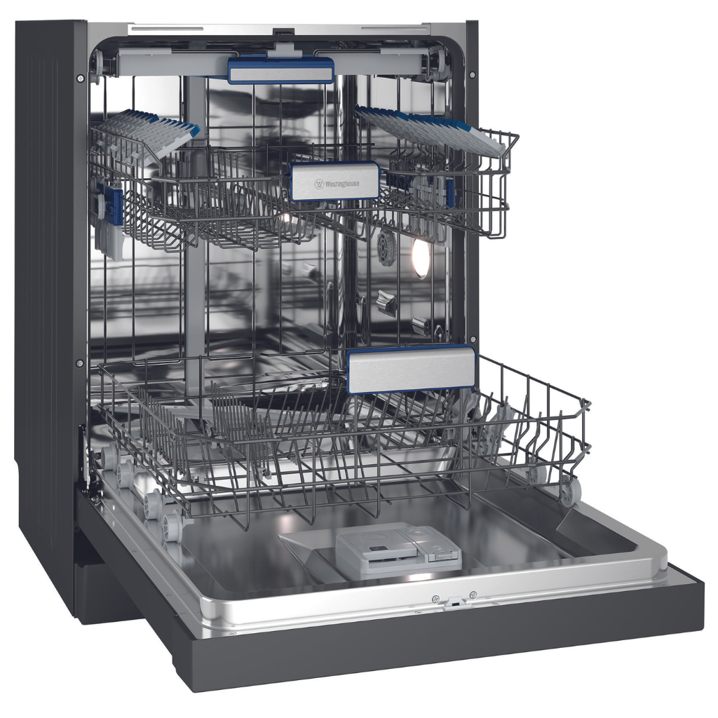 Westinghouse WSU6608KXB 60cm Dark Stainless Steel Built Under Dishwasher Angle Open TrayBasketout Empty