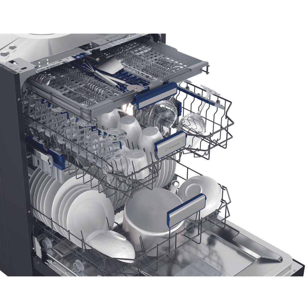 Westinghouse WSU6608KXB 60cm Dark Stainless Steel Built Under Dishwasher Angle Open TrayBasketout Full - The Appliance Guys