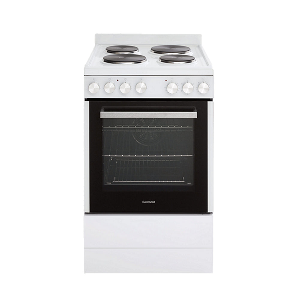 Euromaid EFS54FC-SEW 54cm White Solid Hotplate Electric Freestanding Stove - The Appliance Guys