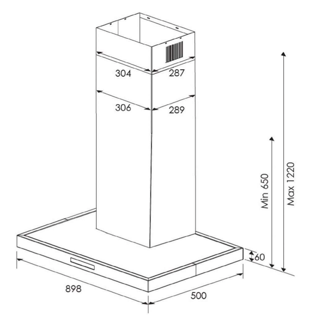 Kleenmaid RHSC91 90cm Wall Mounted Canopy Rangehood dimensions