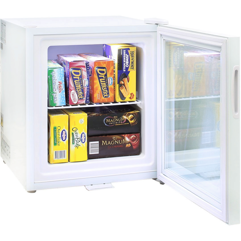 Schmick SD36 36L Mini Glass Door Freezer Open with Food - The Appliance Guys