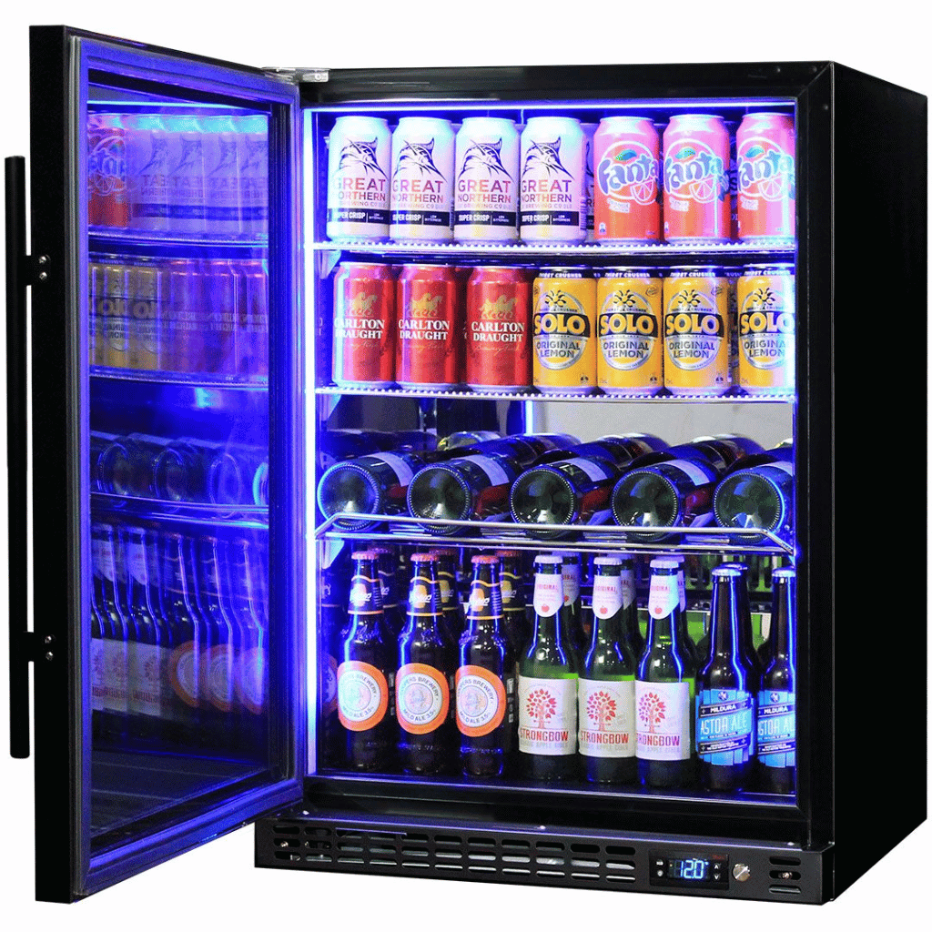 Schmick SK156L-B-HD 164L Under Bench Bar Fridge Open Door & Blue Light - The Appliance Guys