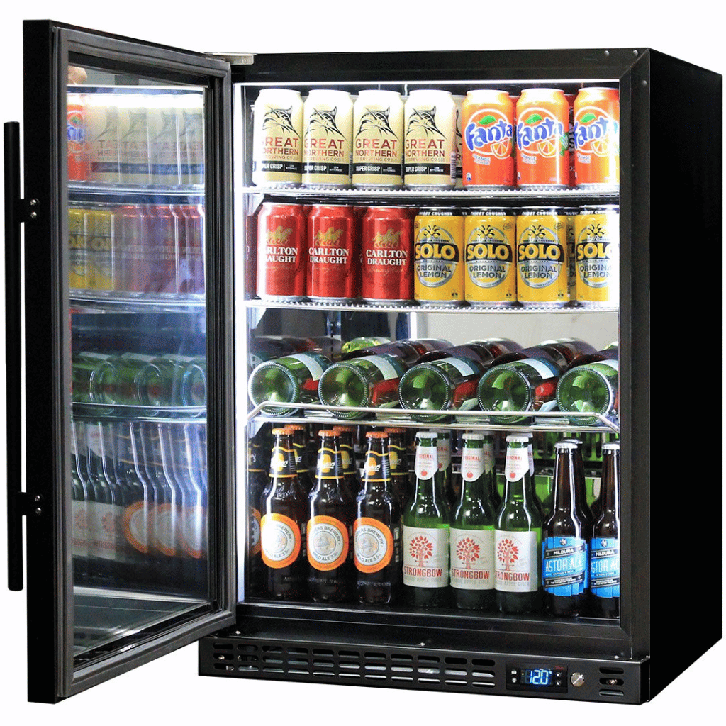 Schmick SK156L-B-HD 164L Under Bench Bar Fridge Angle View Open Door - The Appliance Guys 